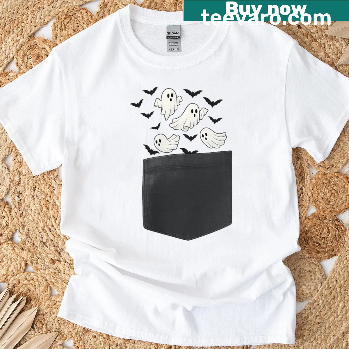 Cute pocket ghosts and bats graphic T-shirt — on a men's t-shirt