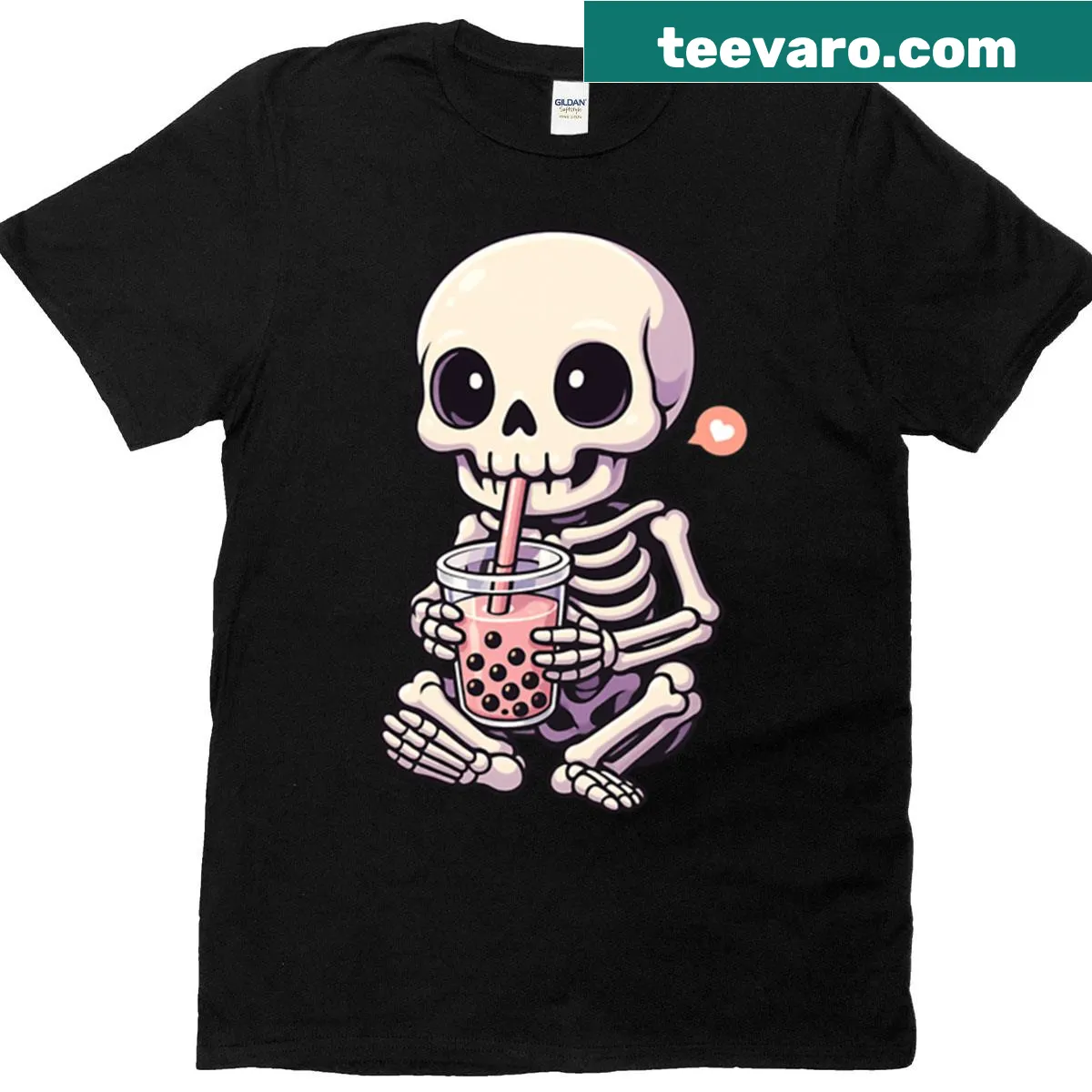 Kawaii skeleton sipping boba tea illustration on a Halloween t-shirt — on a men's t-shirt
