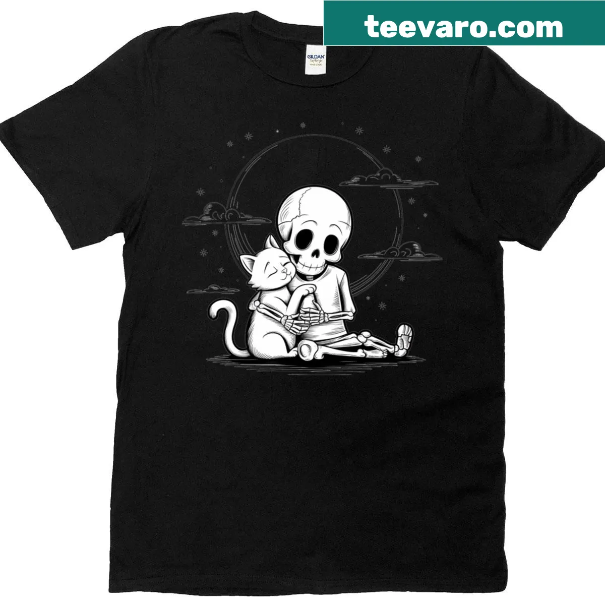 Cute skeleton hugging a cat Halloween t-shirt — on a men's t-shirt