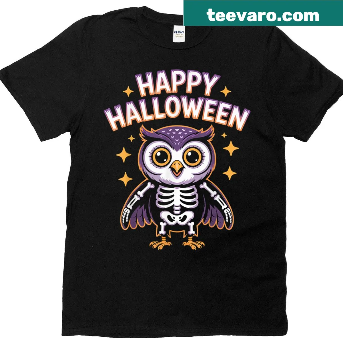 Cute skeleton owl graphic on Halloween t-shirt — on a men's t-shirt