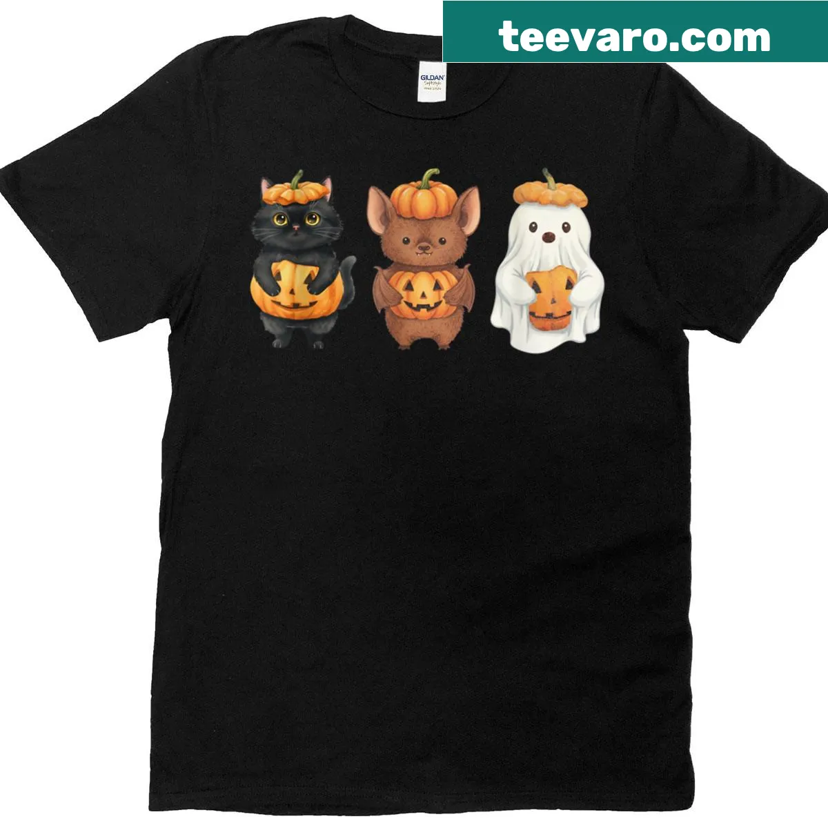 Cute Halloween-themed T-shirt with bat, ghost, black cat, and pumpkin — on a men's t-shirt