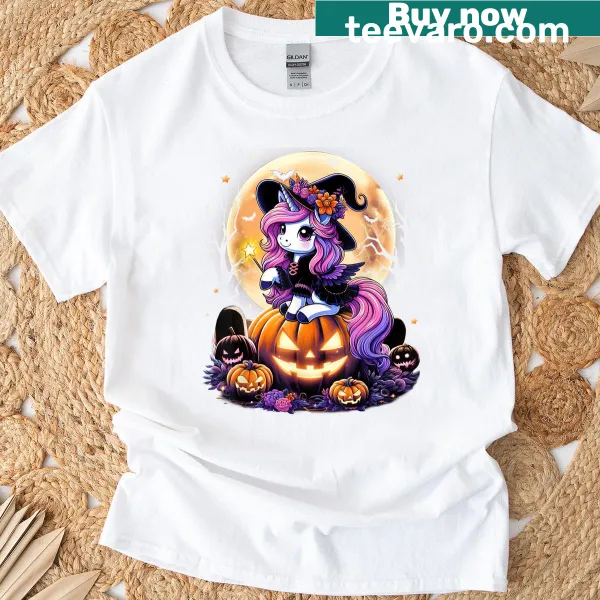 Kawaii T-shirt featuring a cute unicorn witch with pumpkins