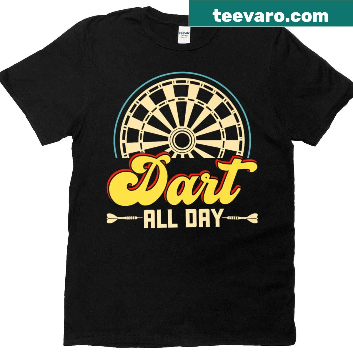 T-shirt featuring playful graphic with 'Dart All Day' text — on a men's t-shirt