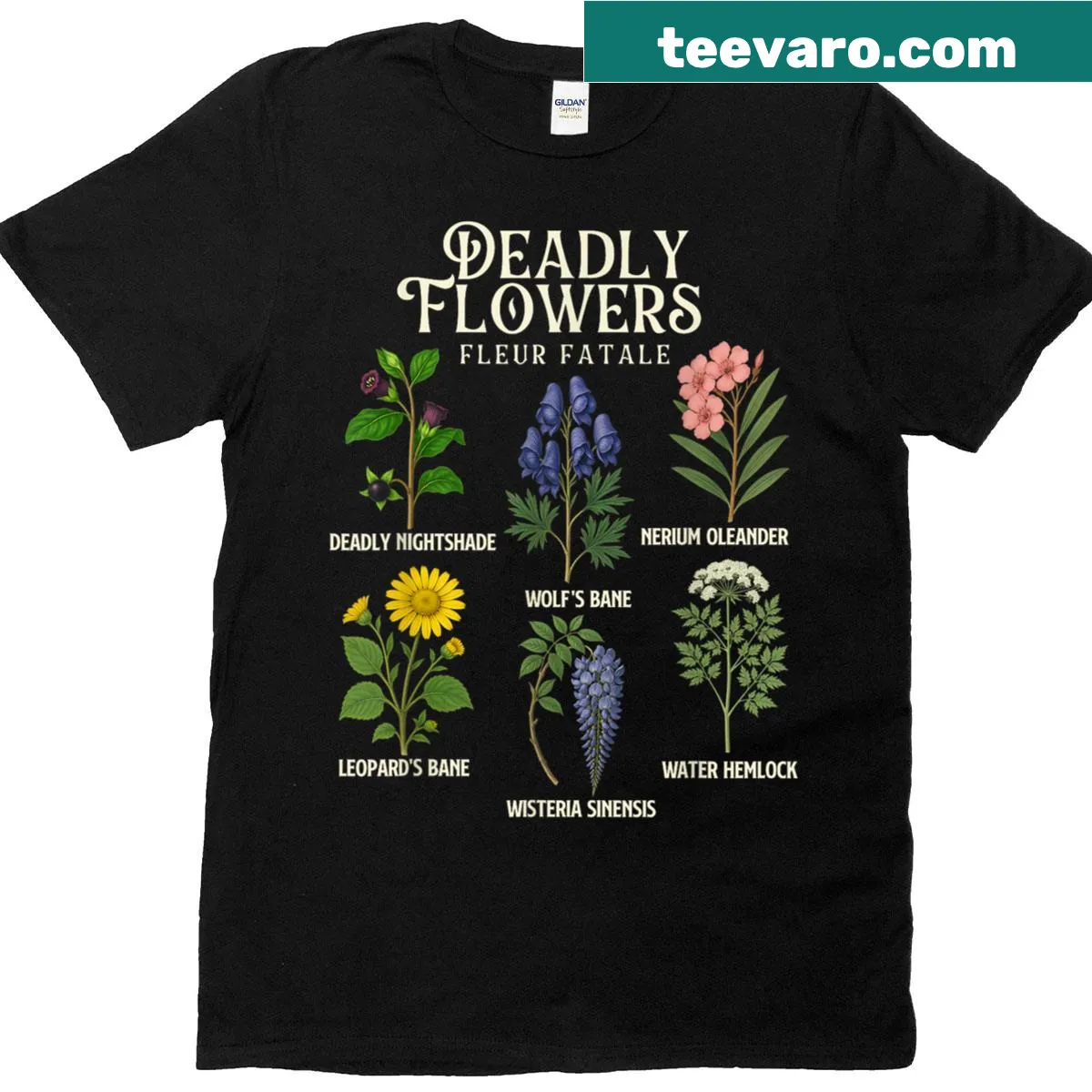 Spooky Halloween t-shirt with eerie flower illustrations — on a men's t-shirt