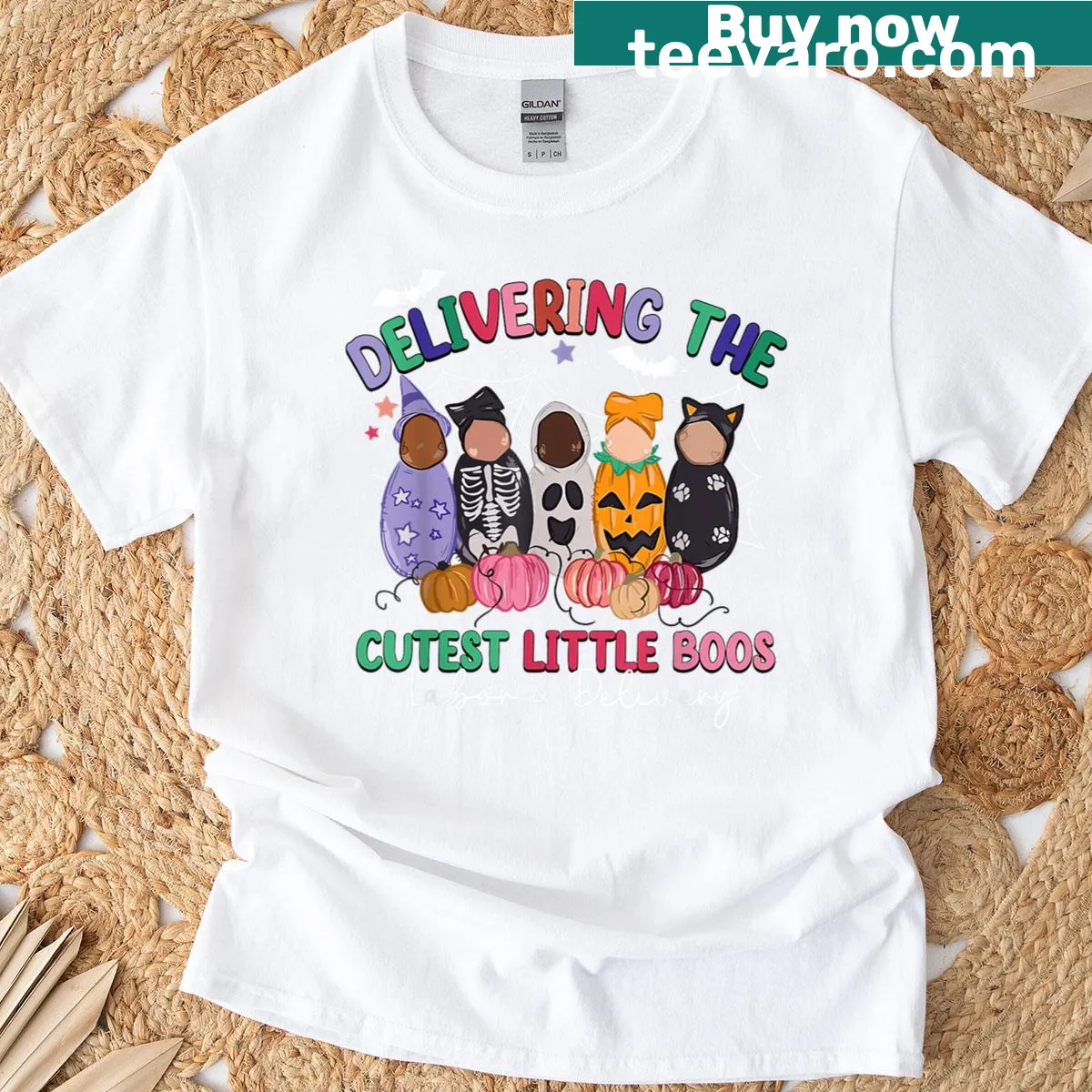 Halloween-themed T-shirt for nurses featuring cute ghosts — on a men's t-shirt