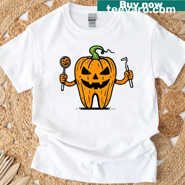 Tooth carved like a pumpkin design for dental professionals on a t-shirt
