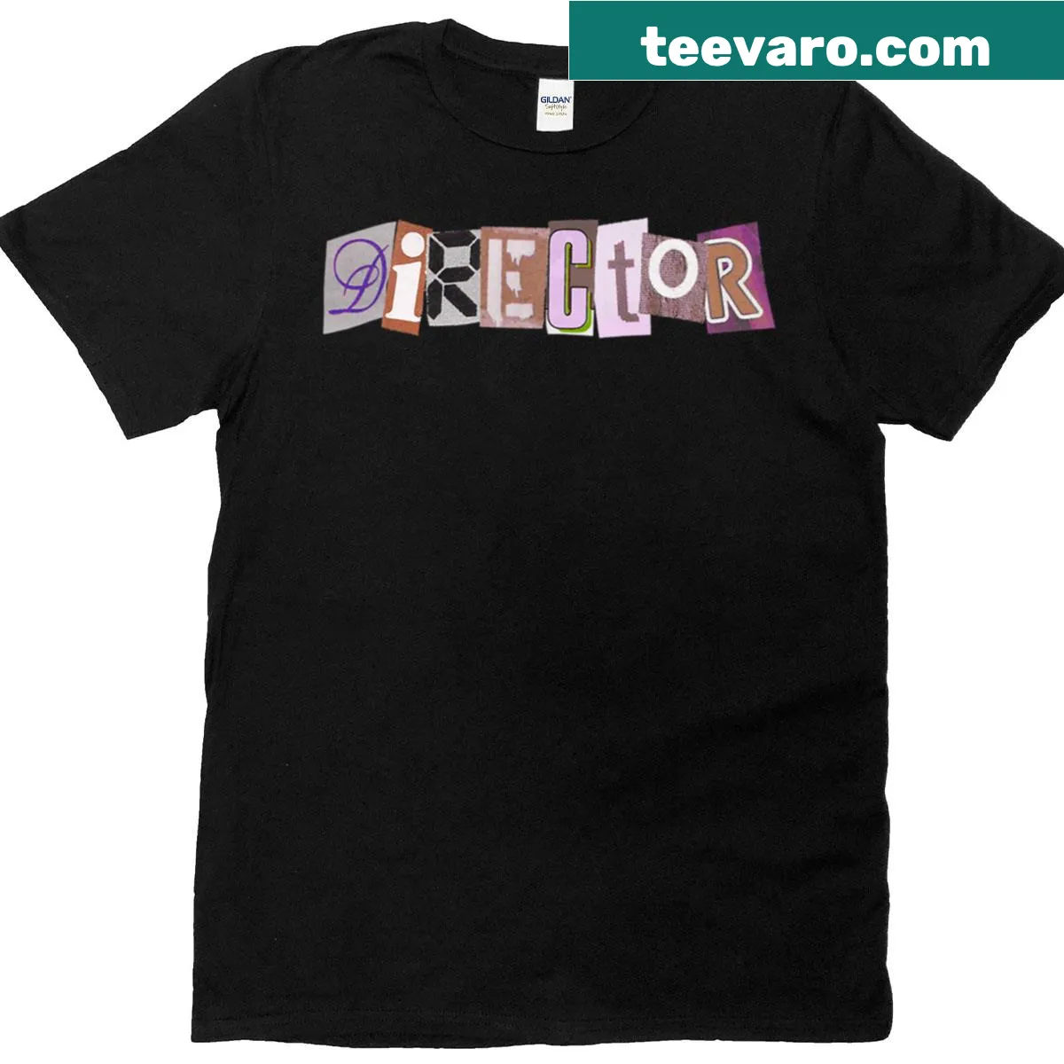 Collage design t-shirt featuring film directing symbols — on a men's t-shirt
