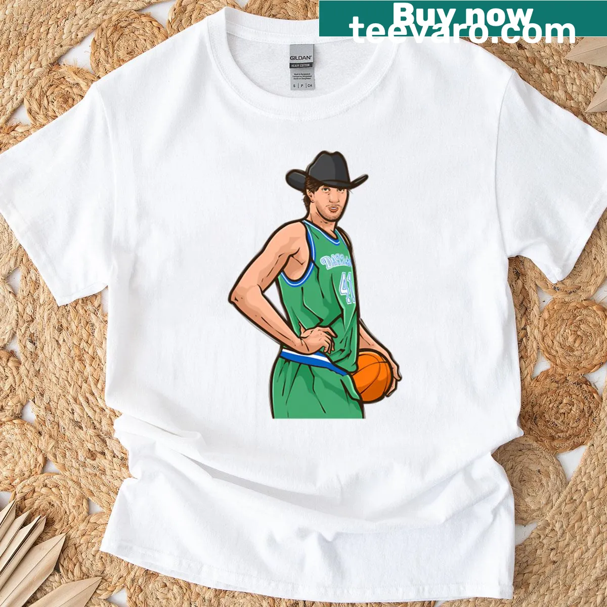 Dirk Nowitzki cowboy-themed graphic T-shirt — on a men's t-shirt