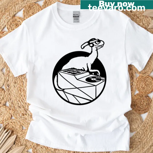 Cartoon DJ Parasaurolophus dinosaur at a turntable on a t-shirt