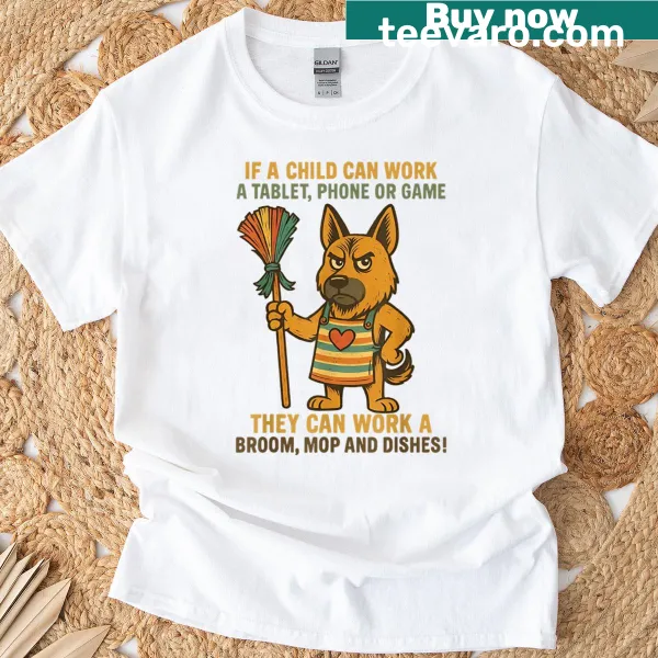 Humorous text shirt about kids and technology responsibility