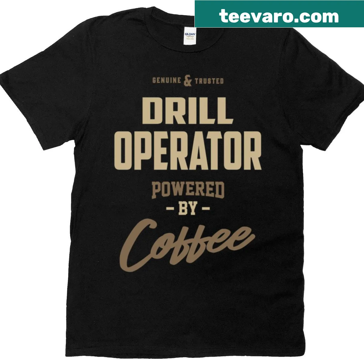 Powered by coffee humor t-shirt for drill operators — on a men's t-shirt