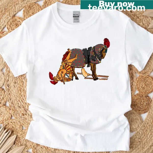 Funny cartoon t-shirt featuring a drunk knight