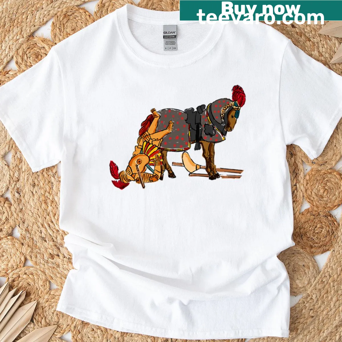 Funny cartoon t-shirt featuring a drunk knight — on a men's t-shirt