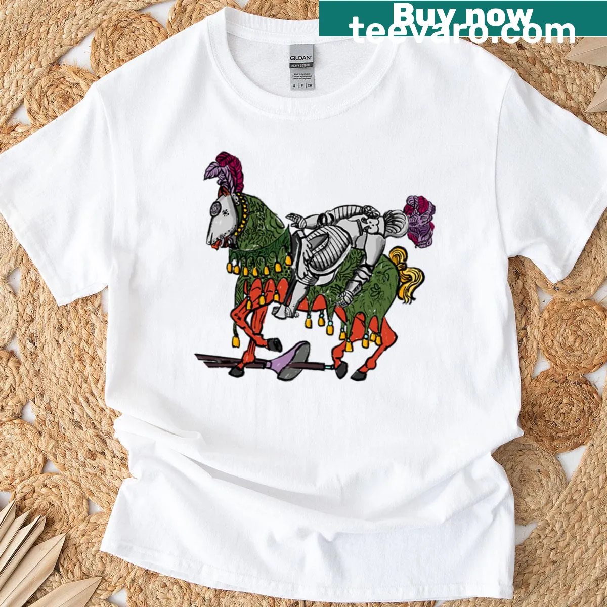 Humorous T-shirt featuring a drunken knight illustration — on a men's t-shirt