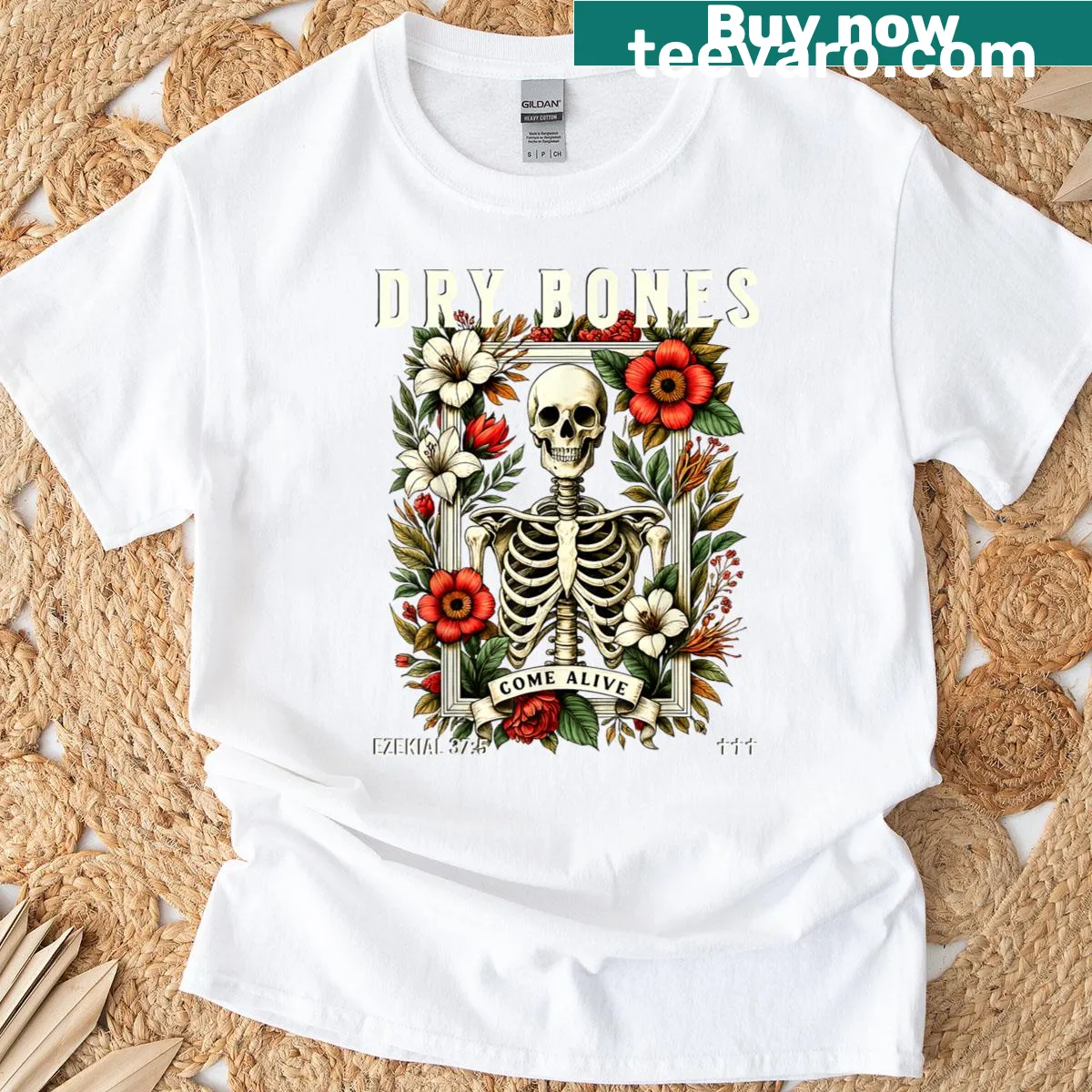 Skeleton surrounded by flowers on a humorous Christian T-shirt — on a men's t-shirt