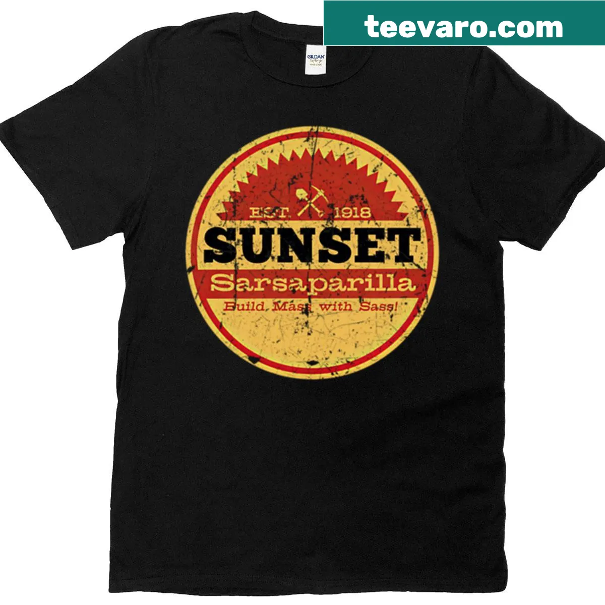 Distressed t-shirt featuring Duk Fat Sunset Sarsaparilla bottle cap — on a men's t-shirt