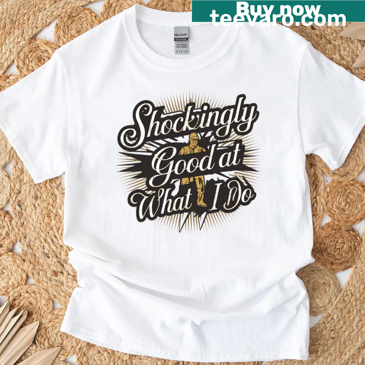 Playful electrician t-shirt with 'Shockingly Good At What I Do' text — on a men's t-shirt