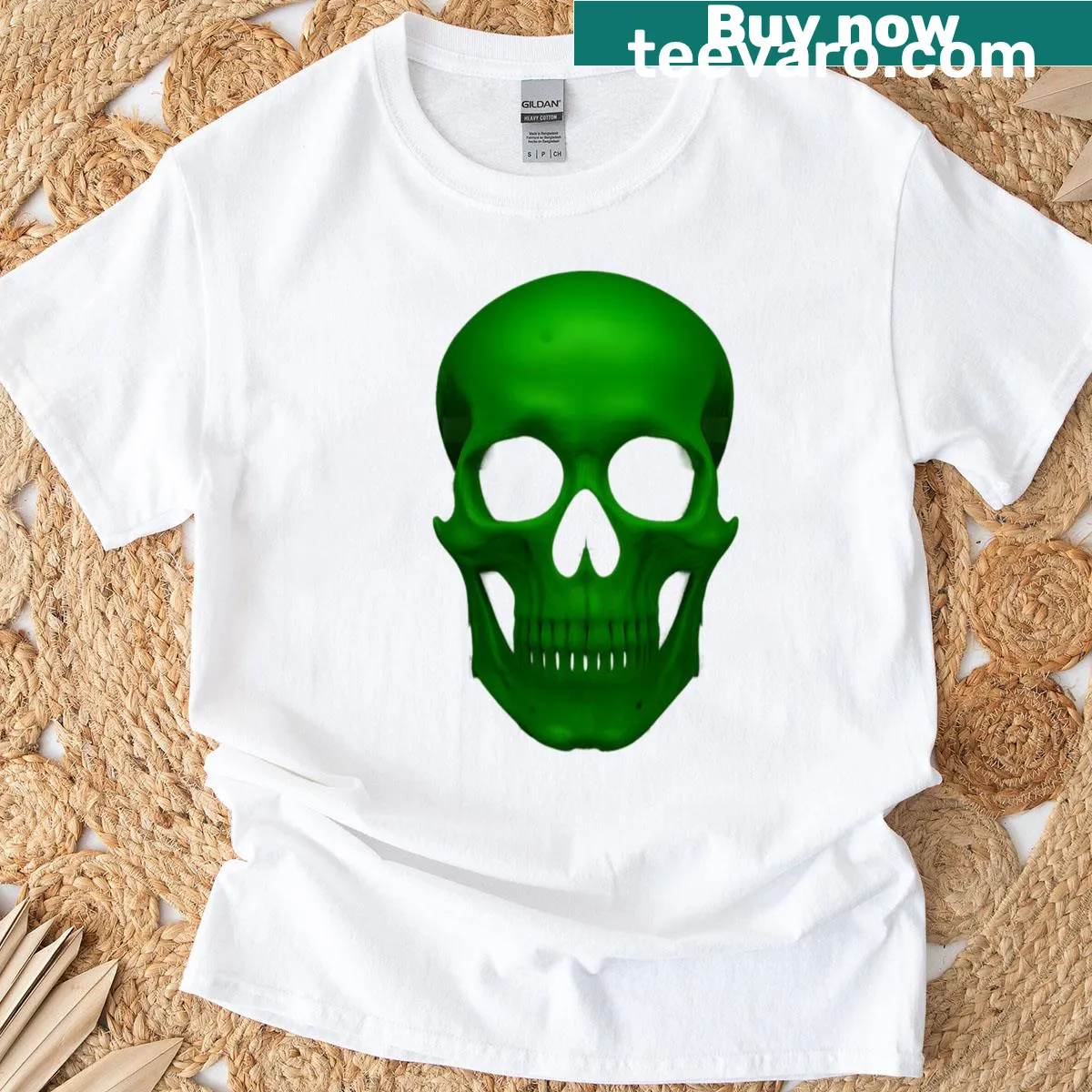 Illustrative skull design T-shirt in emerald theme — on a men's t-shirt