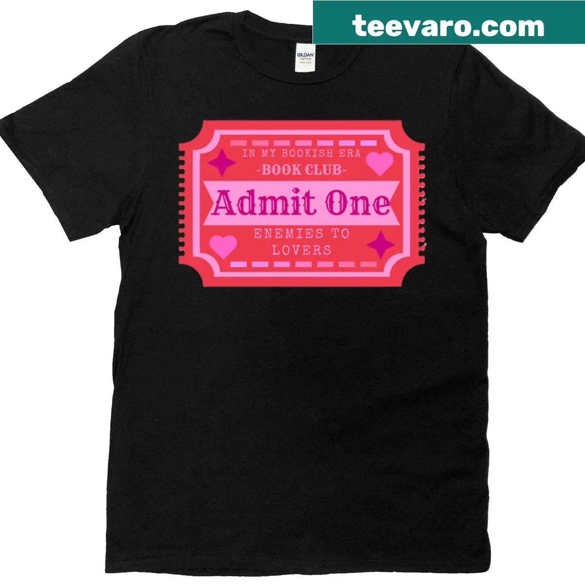 T-shirt with 'Enemies To Lovers Book Club Ticket' text — on a men's t-shirt
