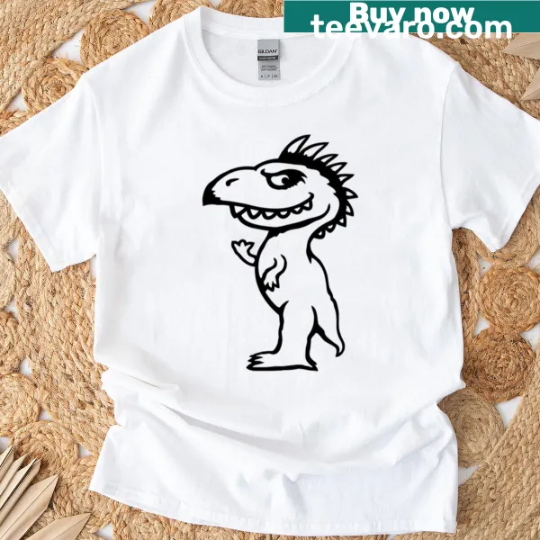 Humorous t-shirt with a cartoon of an evil dinosaur bird with sharp horns