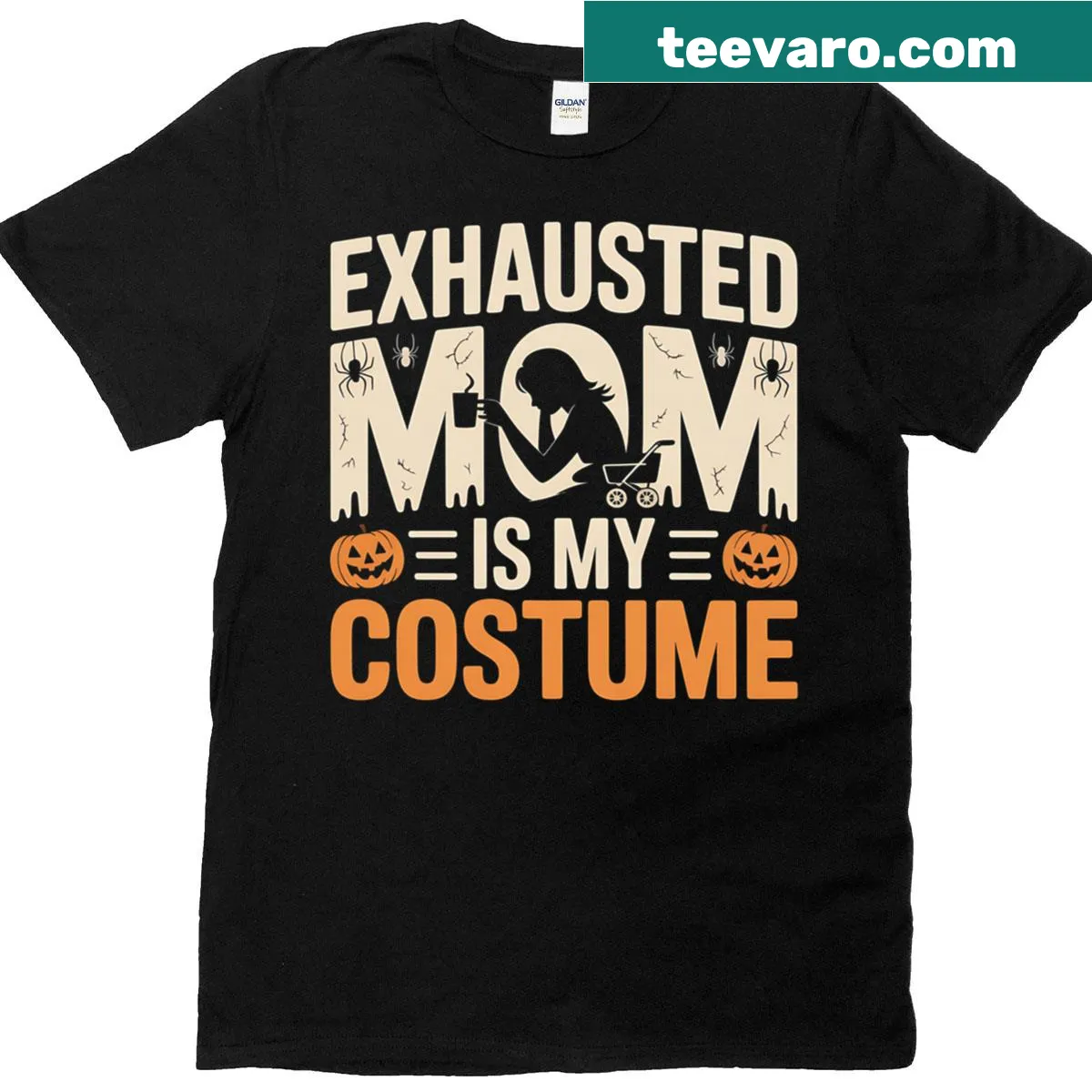 Halloween t-shirt with text 'Exhausted Mom Is My Costume' — on a men's t-shirt