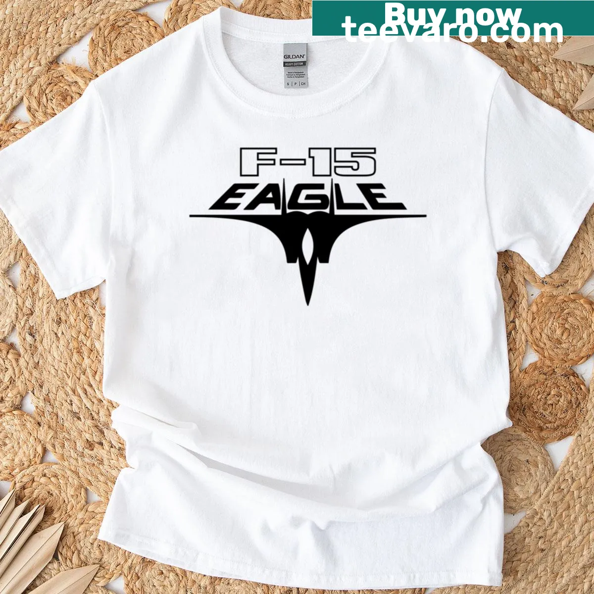 Vintage F-15 Eagle logo graphic on a T-shirt — on a men's t-shirt