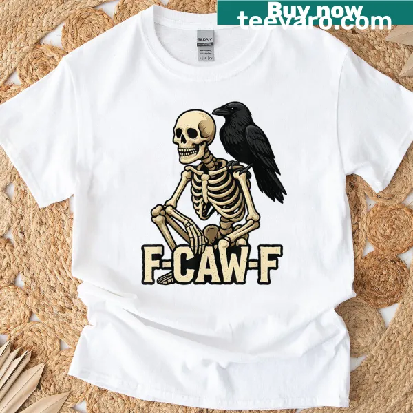 Halloween-themed T-shirt featuring a crow and skeleton design
