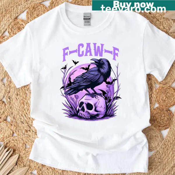 Funny black crow graphic with the phrase 'F-caw-f' in grunge style