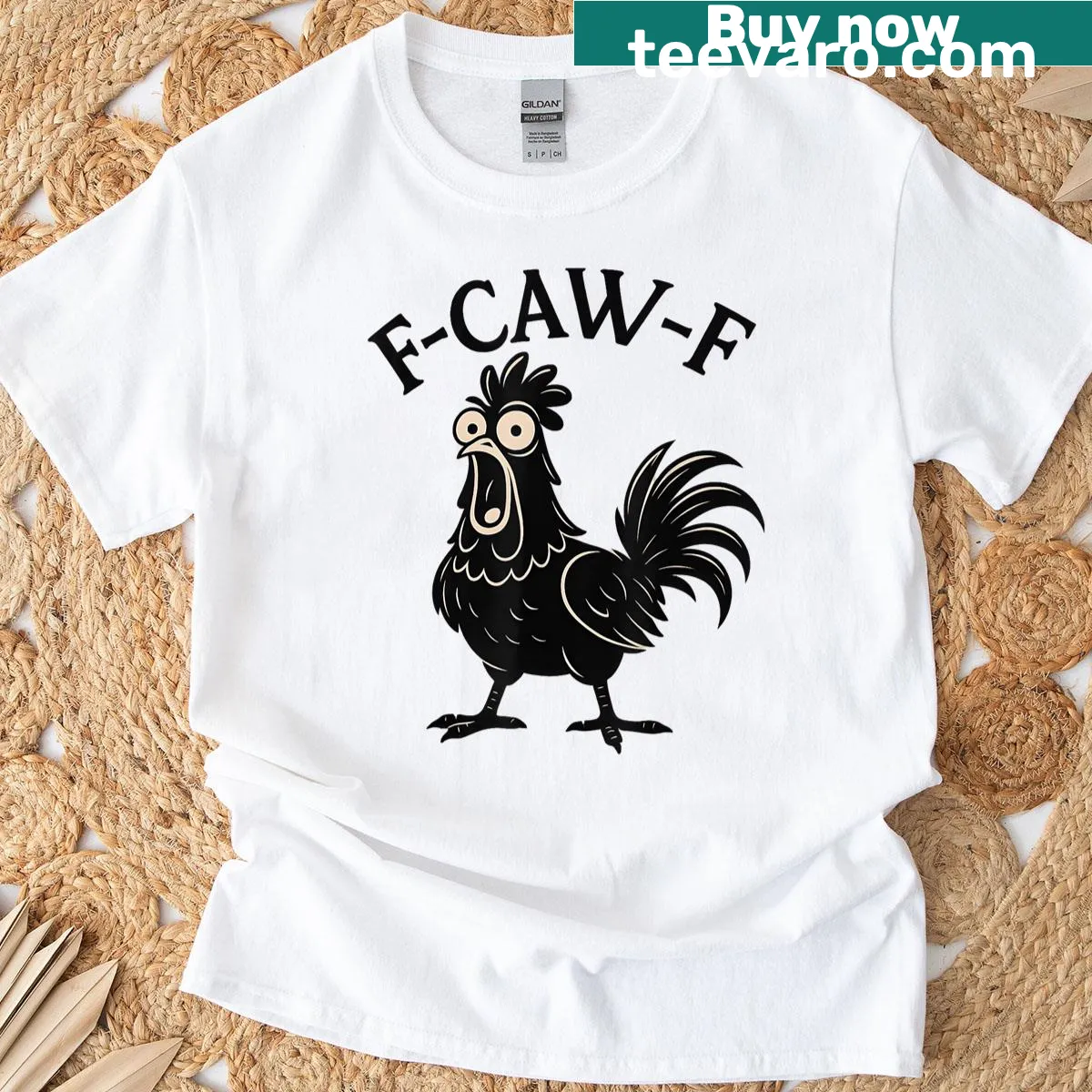 Funny chicken humor quote T-shirt featuring rooster meme — on a men's t-shirt
