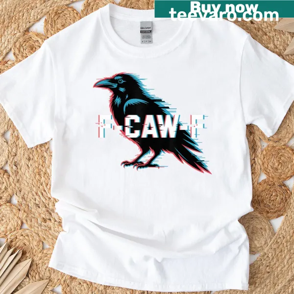 Cyberpunk style graphic featuring a glitch crow and the phrase F-caw-f
