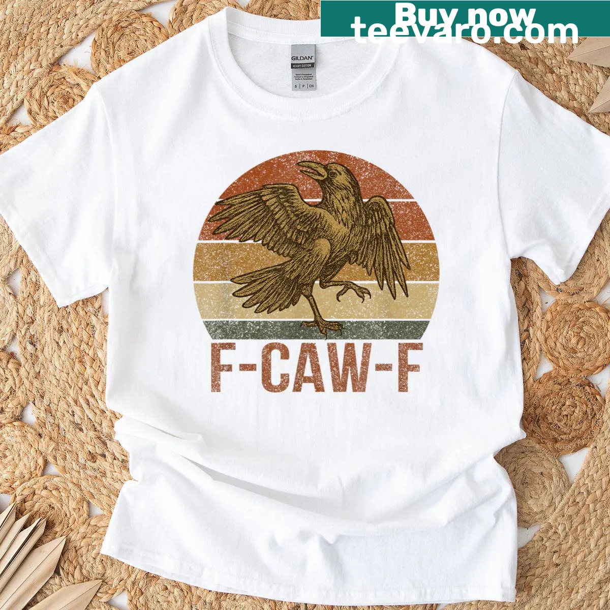 Sarcastic raven graphic t-shirt with 'F-caw-f' text — on a men's t-shirt