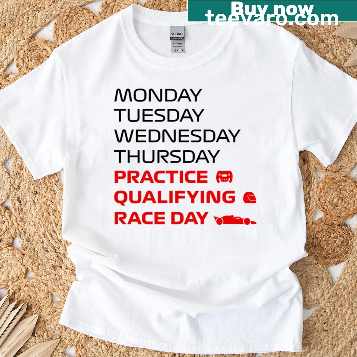 Stylish women's t-shirt celebrating weekly F1 races — on a men's t-shirt