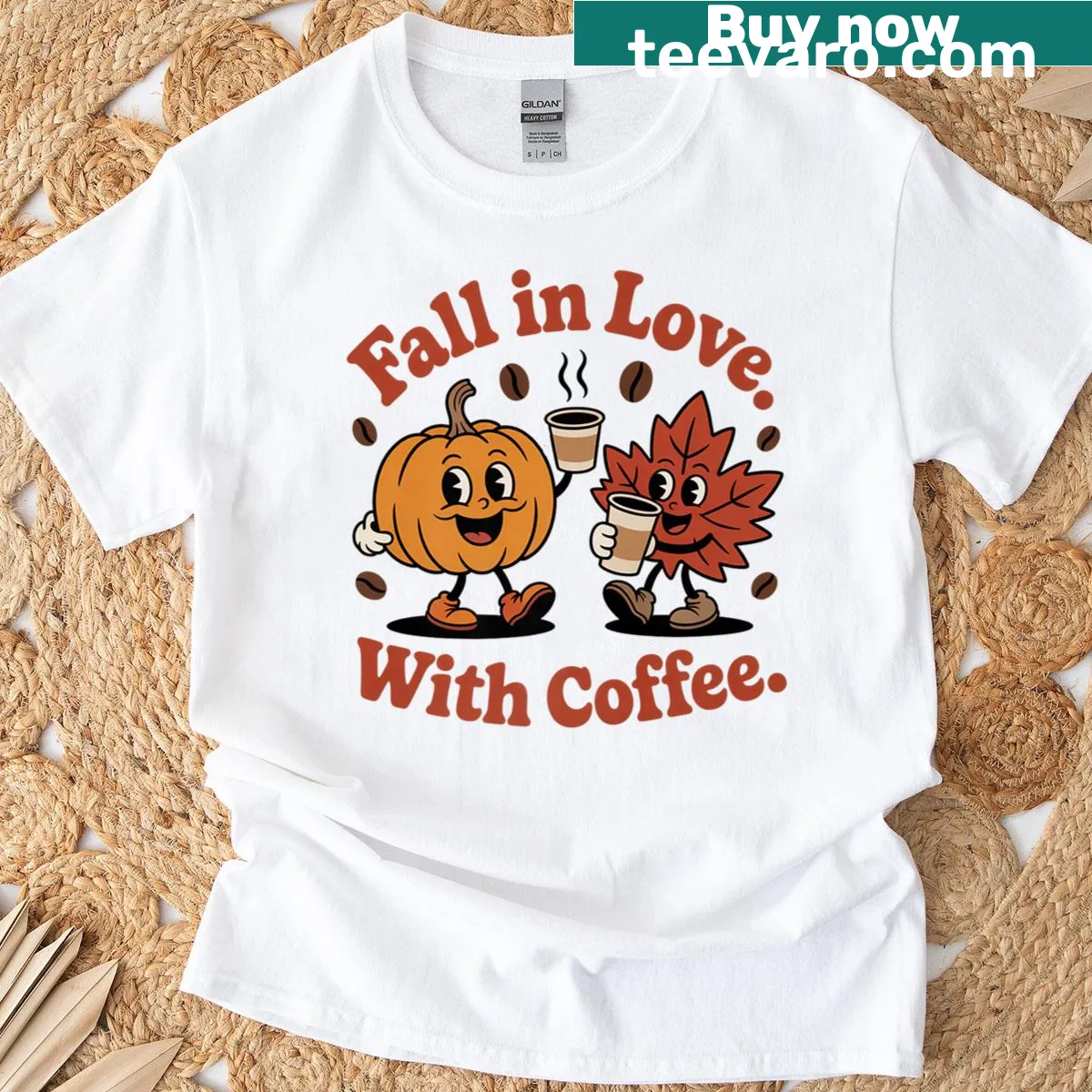Cute autumn coffee drinker t-shirt with playful coffee cup graphic — on a men's t-shirt