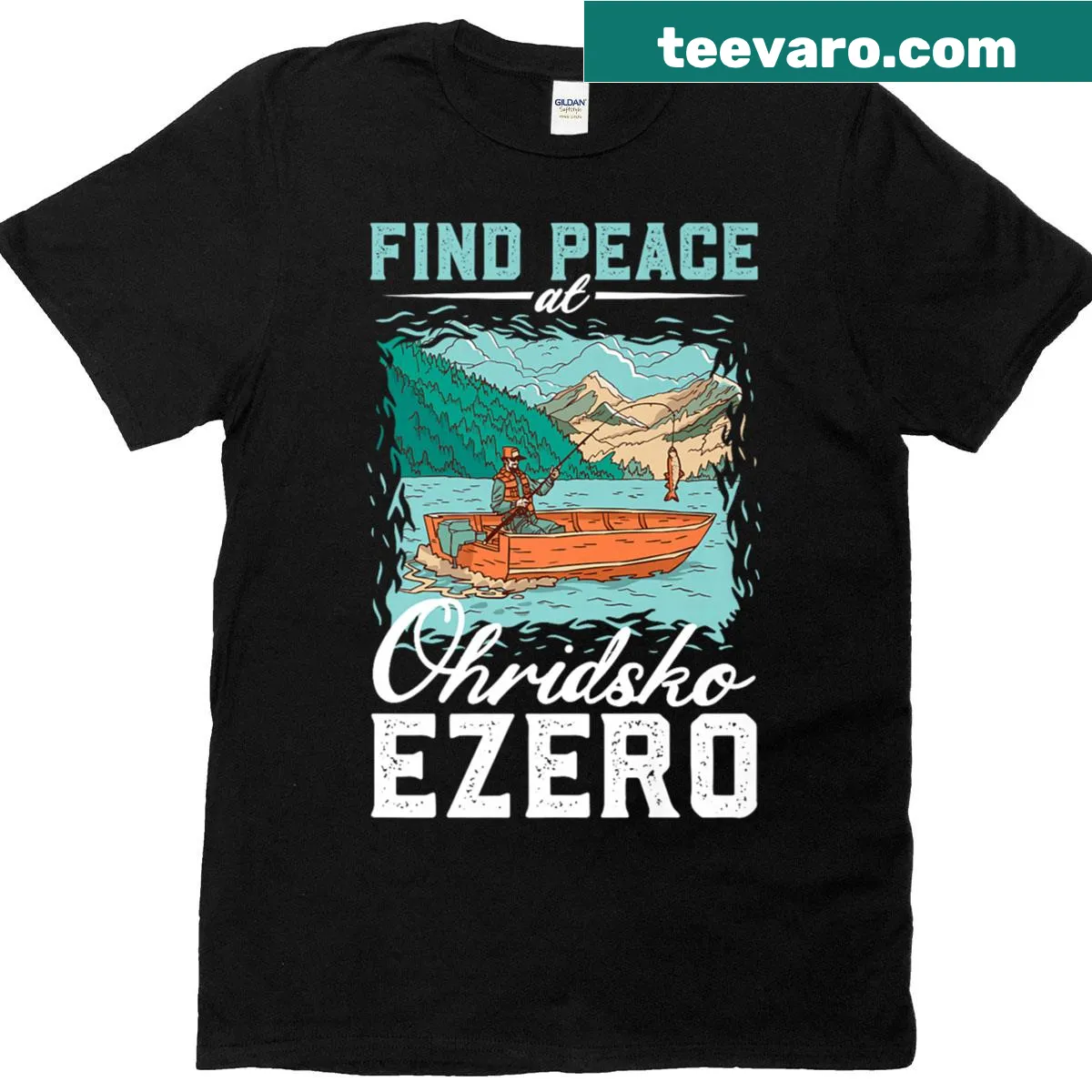 Illustrative T-shirt featuring Ohridsko Ezero fishing scene — on a men's t-shirt
