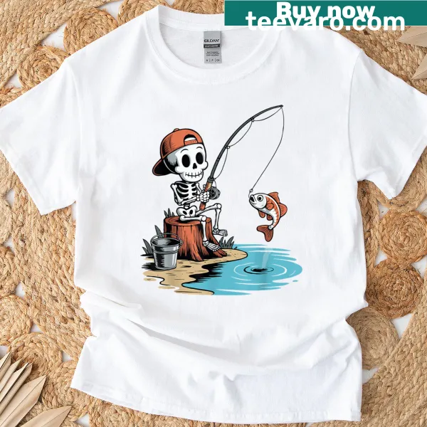 Halloween T-shirt with skeleton fishing graphic