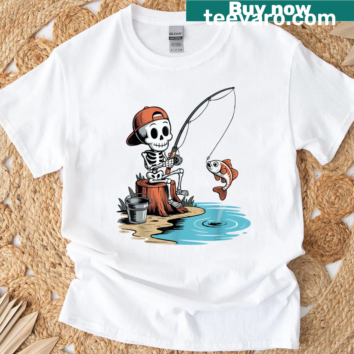 Halloween T-shirt with skeleton fishing graphic — on a men's t-shirt