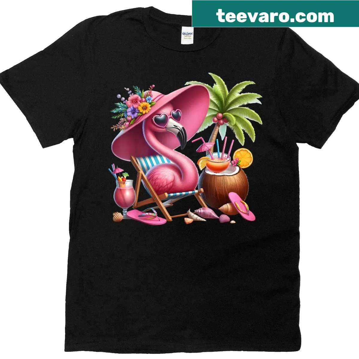 Cartoon flamingo and palm tree design on summer vacation women's t-shirt — on a men's t-shirt
