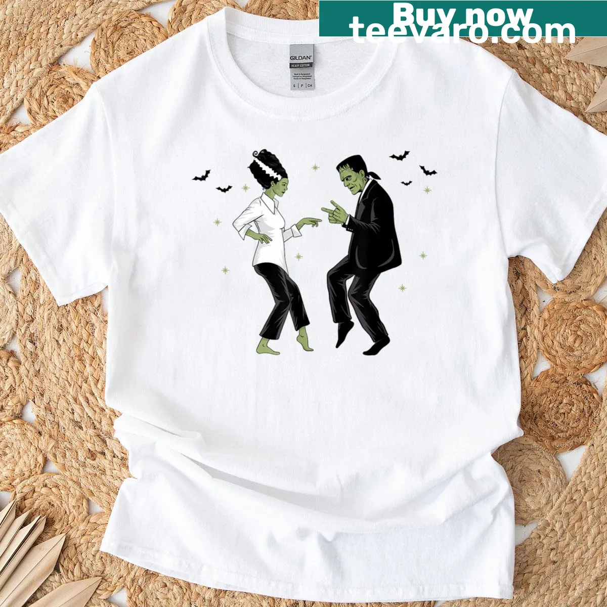Frankenstein and bride dancing retro Halloween design T-shirt — on a men's t-shirt