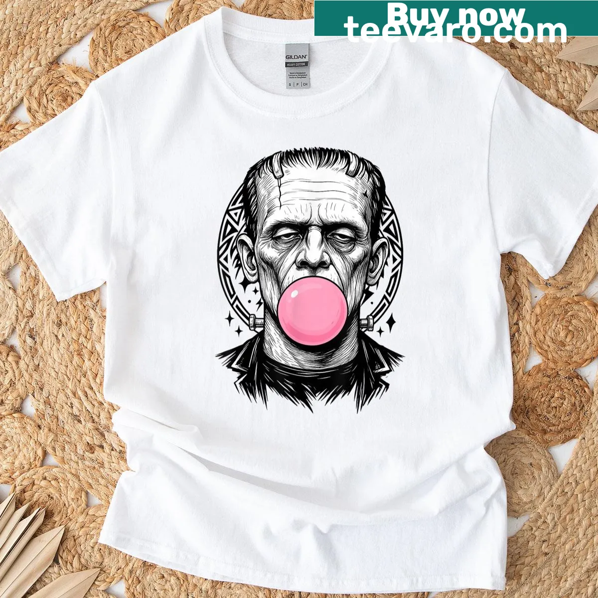 Frankenstein monster chewing bubble gum graphic T-shirt — on a men's t-shirt