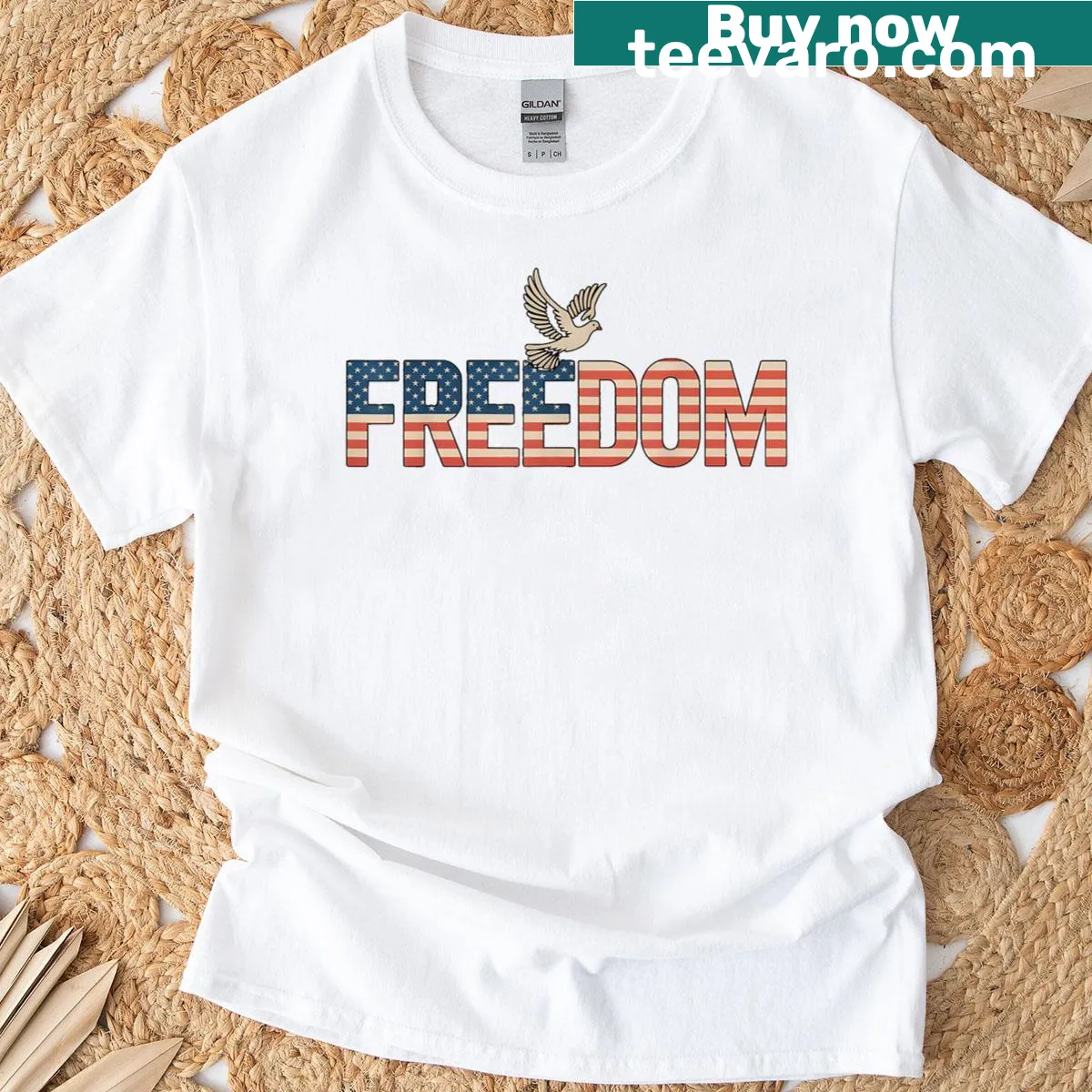 Minimalist USA flag design with 'Freedom' text on a T-shirt — on a men's t-shirt