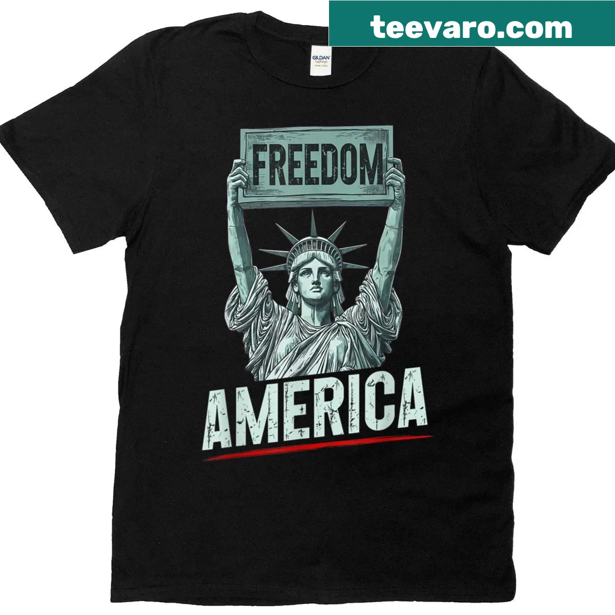 Vintage-style T-shirt with Statue of Liberty and USA flag — on a men's t-shirt