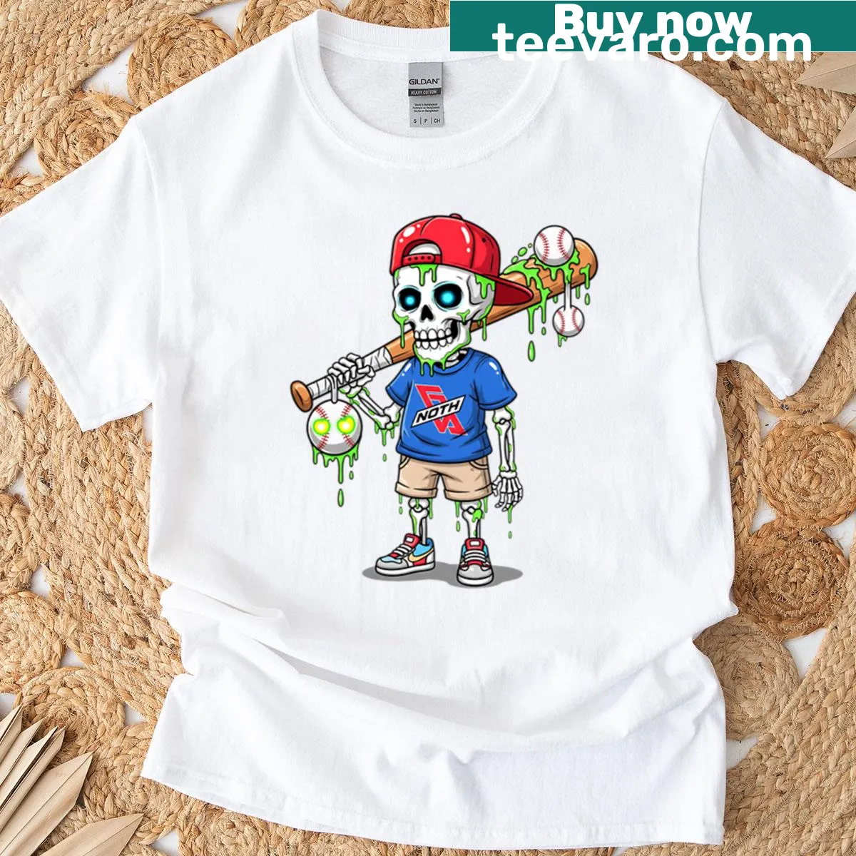 Youth t-shirt with a funny skeleton baseball player and ice cream design — on a men's t-shirt
