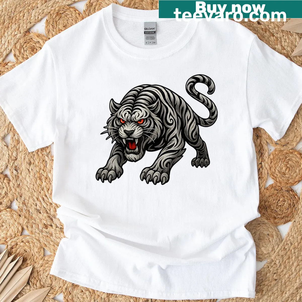 Bold black tiger with red eyes graphic on an edgy T-shirt — on a men's t-shirt