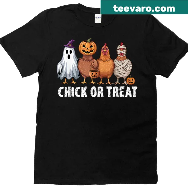 Cartoon T-shirt with chickens dressed as ghosts and witches for Halloween