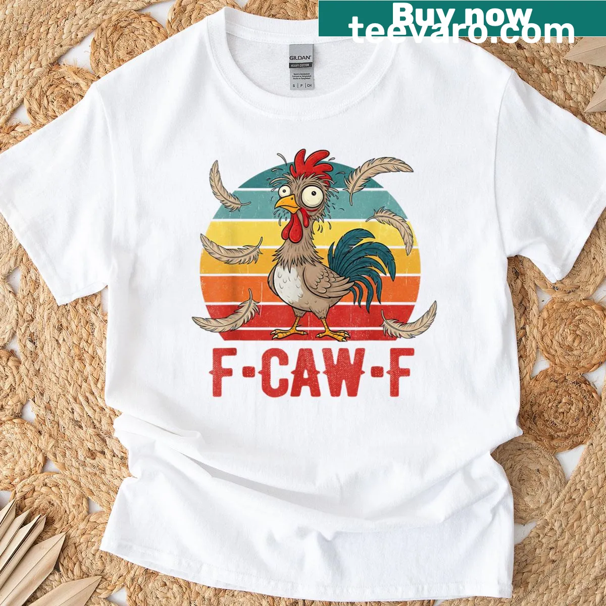 Funny chicken pun t-shirt featuring a cartoon rooster and clever text — on a men's t-shirt