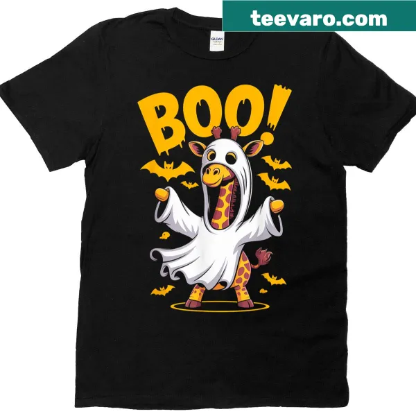 Funny Halloween t-shirt with a giraffe ghost graphic