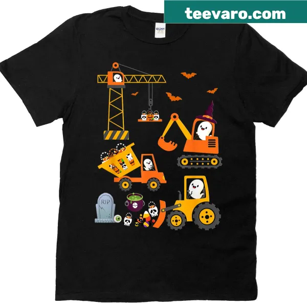 Cartoon construction trucks carrying pumpkins, designed for toddlers for Halloween