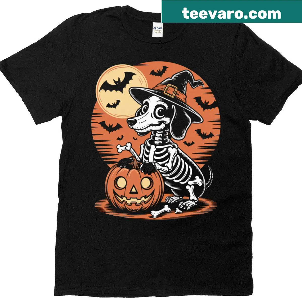 Illustrated Halloween T-shirt featuring a skeleton dog — on a men's t-shirt