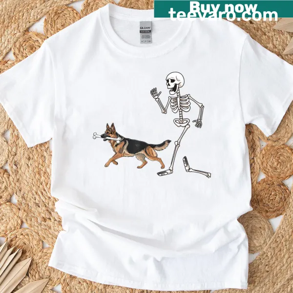 Funny Halloween T-shirt with German Shepherd and skeleton illustration
