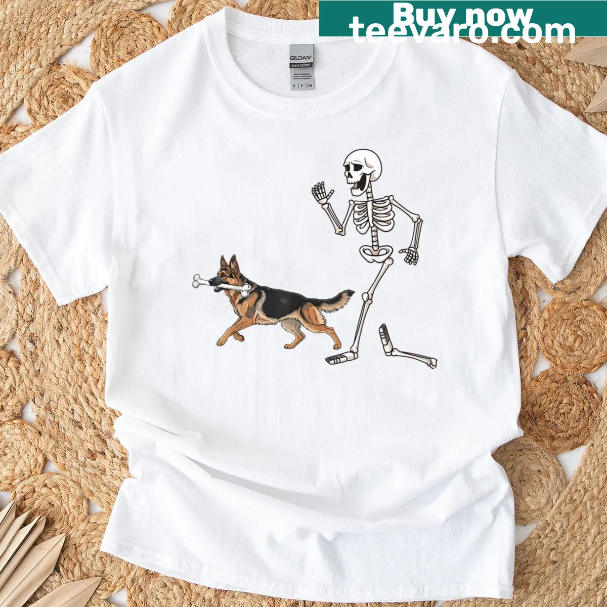 Funny Halloween T-shirt with German Shepherd and skeleton illustration — on a men's t-shirt